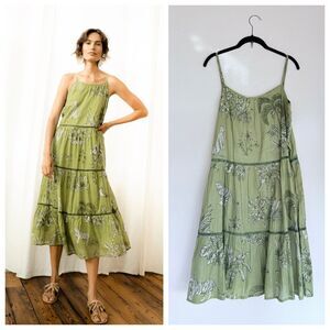 NWOT Guadalupe Serengue 100% Cotton Tiered Midi Dress in Green Tiger Print Sz M